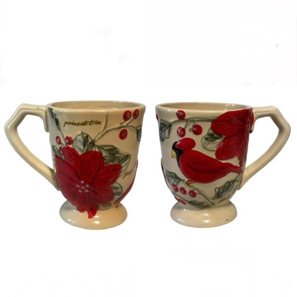 Gibson Elite China Mug Cup cardinal red bird & poinsettia EUC red cream Xmas